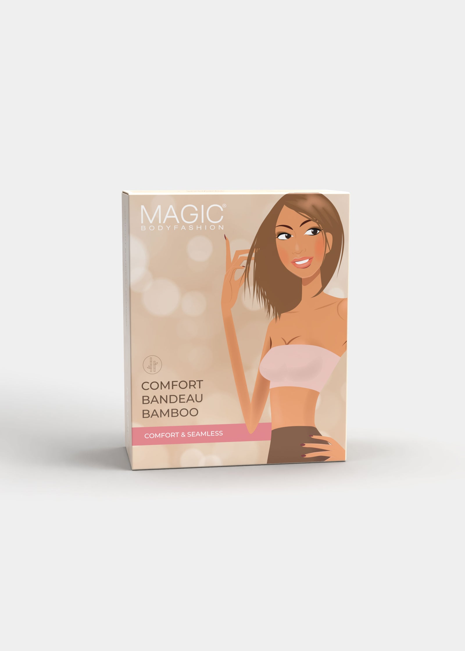 Front view of the Bamboo Bandeau Bra packaging box, featuring the branded design and product information in a clean, minimal presentation.