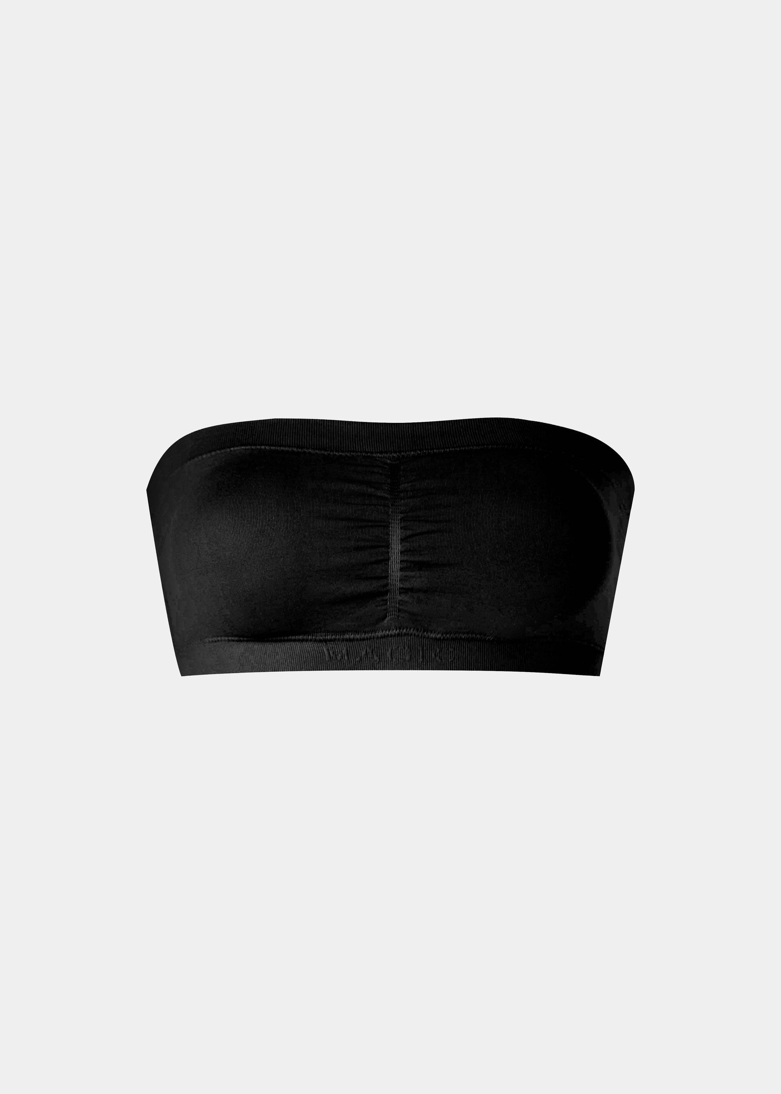 Still front product view of the black Bamboo Bandeau Bra, highlighting the strapless, wireless design in soft bamboo fabric with removable pads and a smooth, seamless finish.