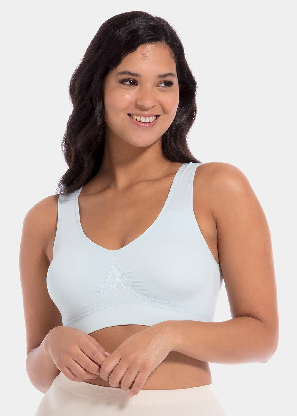 Woman wearing a light blue Bamboo Comfort Bra against a white background
