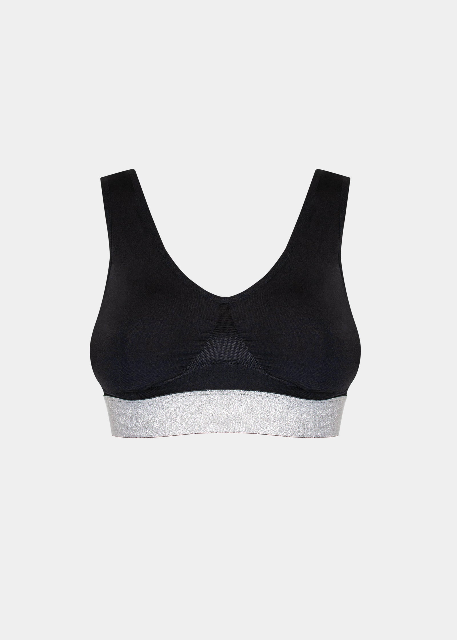 Front product view of the Salsa Bra, showcasing the soft, seamless wireless design with built-in support, removable pads, wide straps, and a silver sparkling band under the bust.