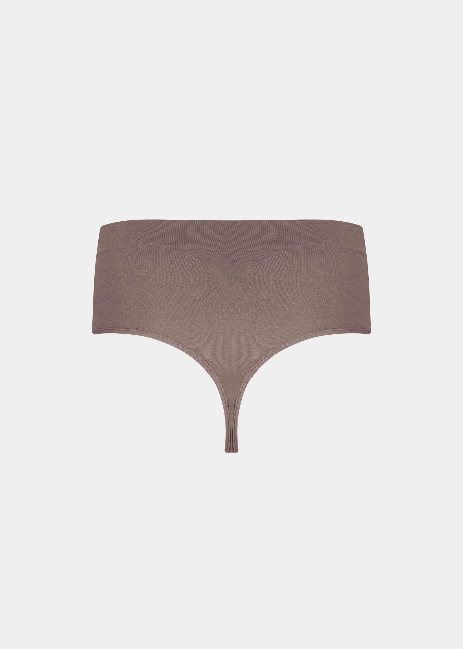 Still back product view of the espresso Comfort Thong, showcasing the soft, seamless fabric, smooth edges, and minimal design for a clean, invisible finish under clothing.