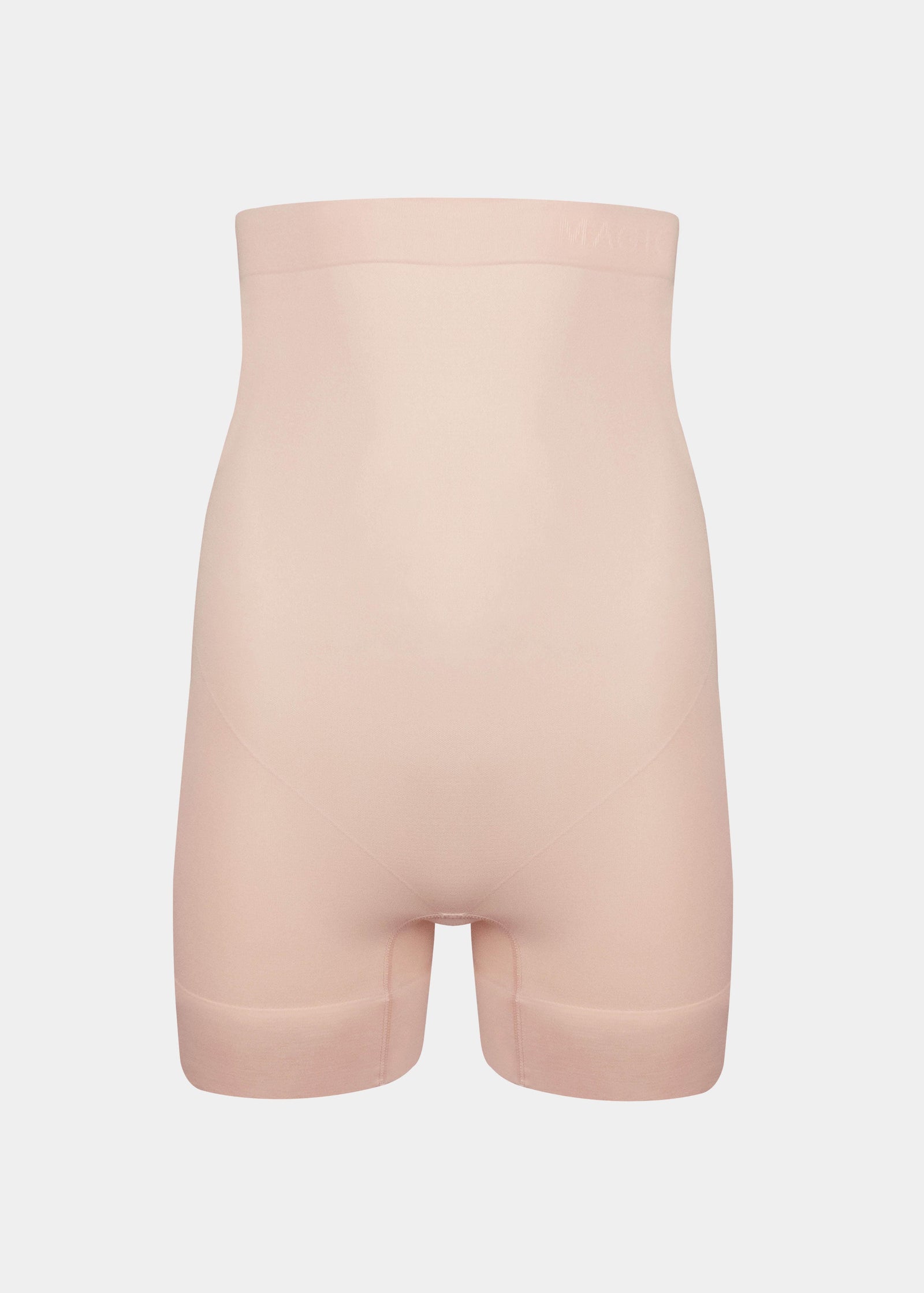Still front product view of the latte-colored high-waisted seamless shaping shorts, showcasing the smooth, sculpting waistband, tummy-control panel, and clean, seamless finish designed for an invisible look under clothing.