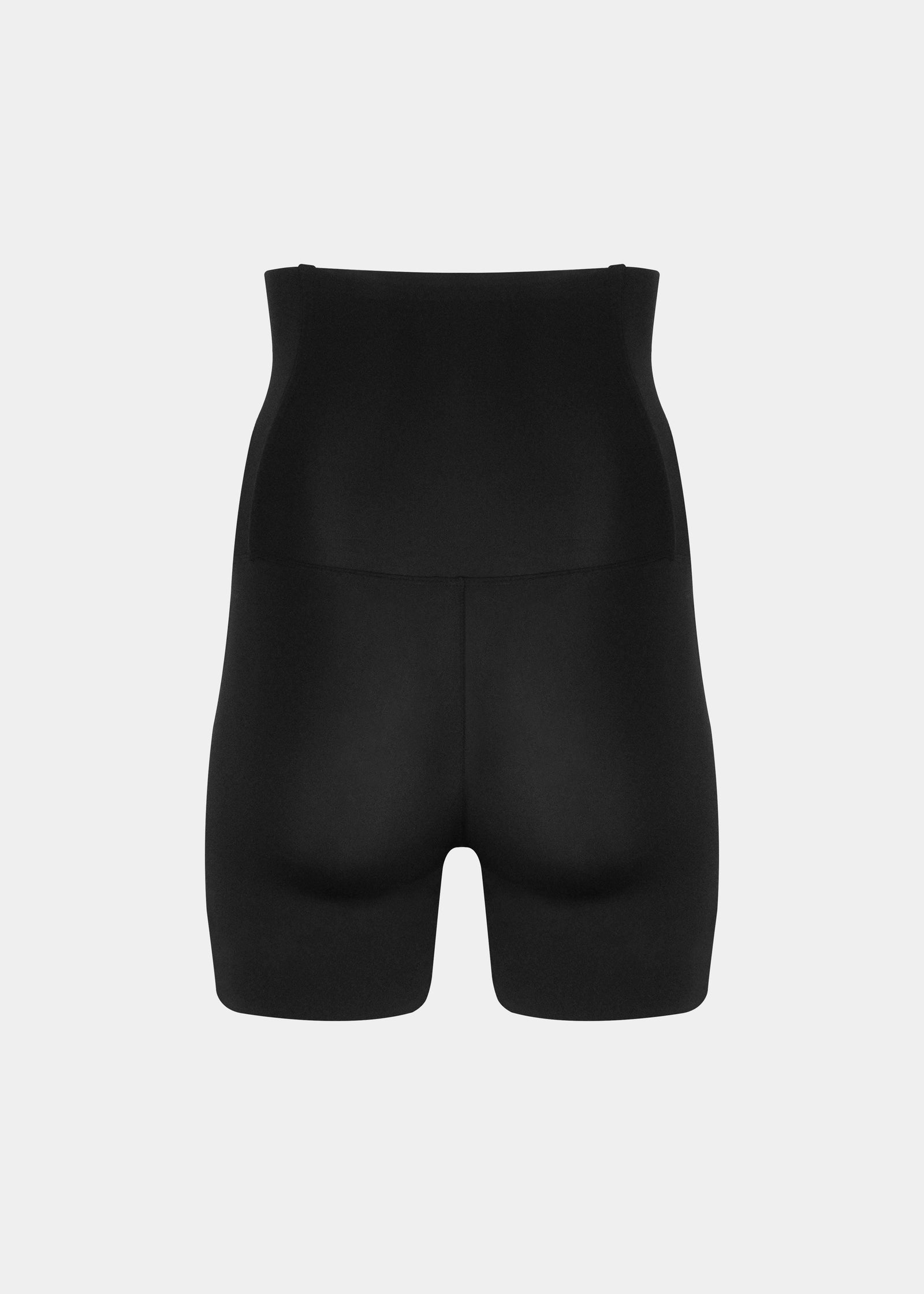 High-waisted black Body Control Bermuda. Still product picture back view