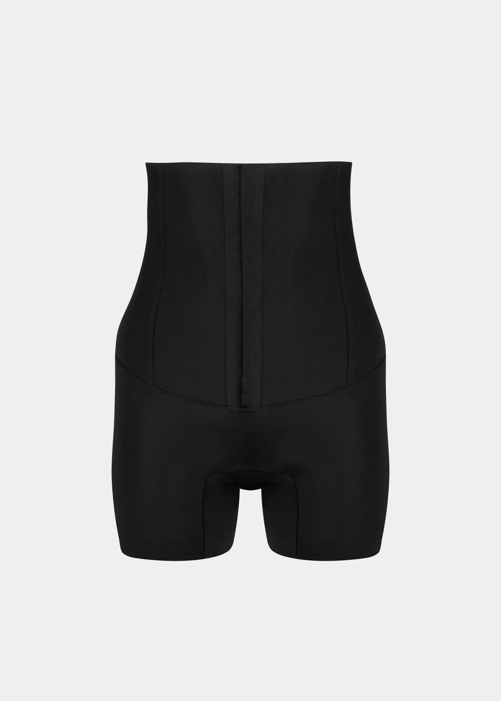A high-waisted black Body Control Bermuda with a hook-and-eye front closure. Still front view