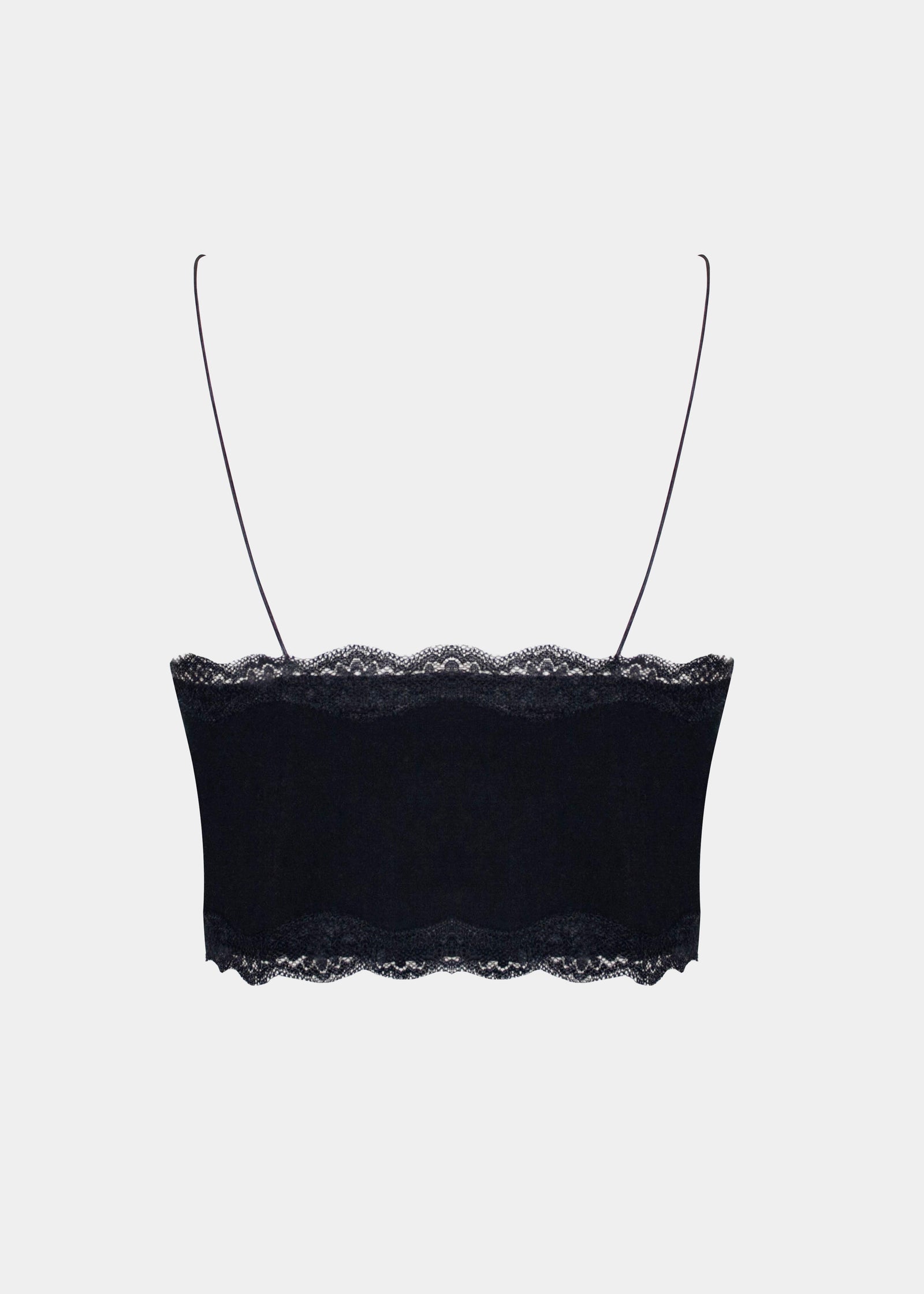 a black cozy crop top with V-neckline and lace detail, with ultra thin spaghetti straps. still back view
