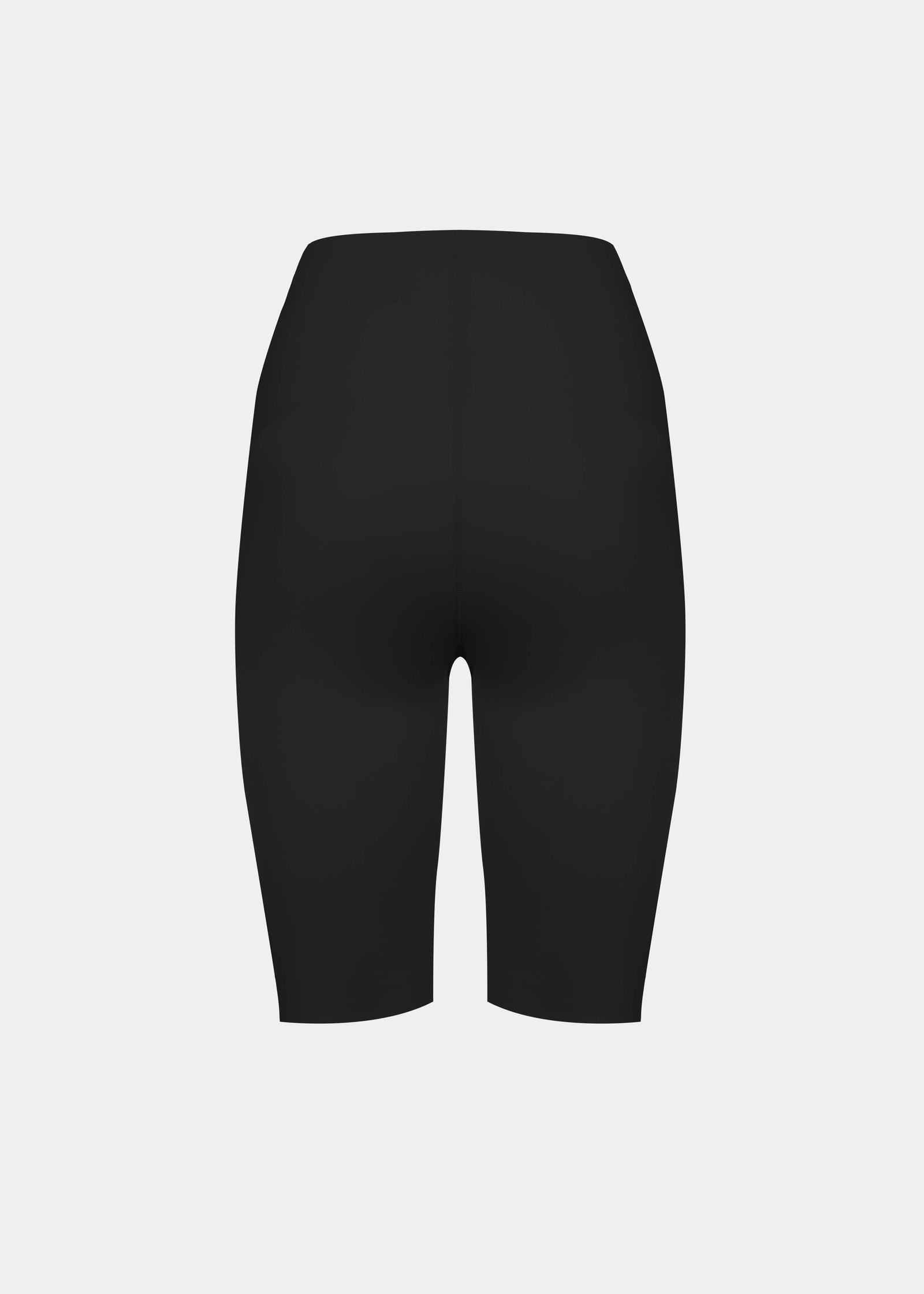 A pair of black, gloss biker shorts. Back view