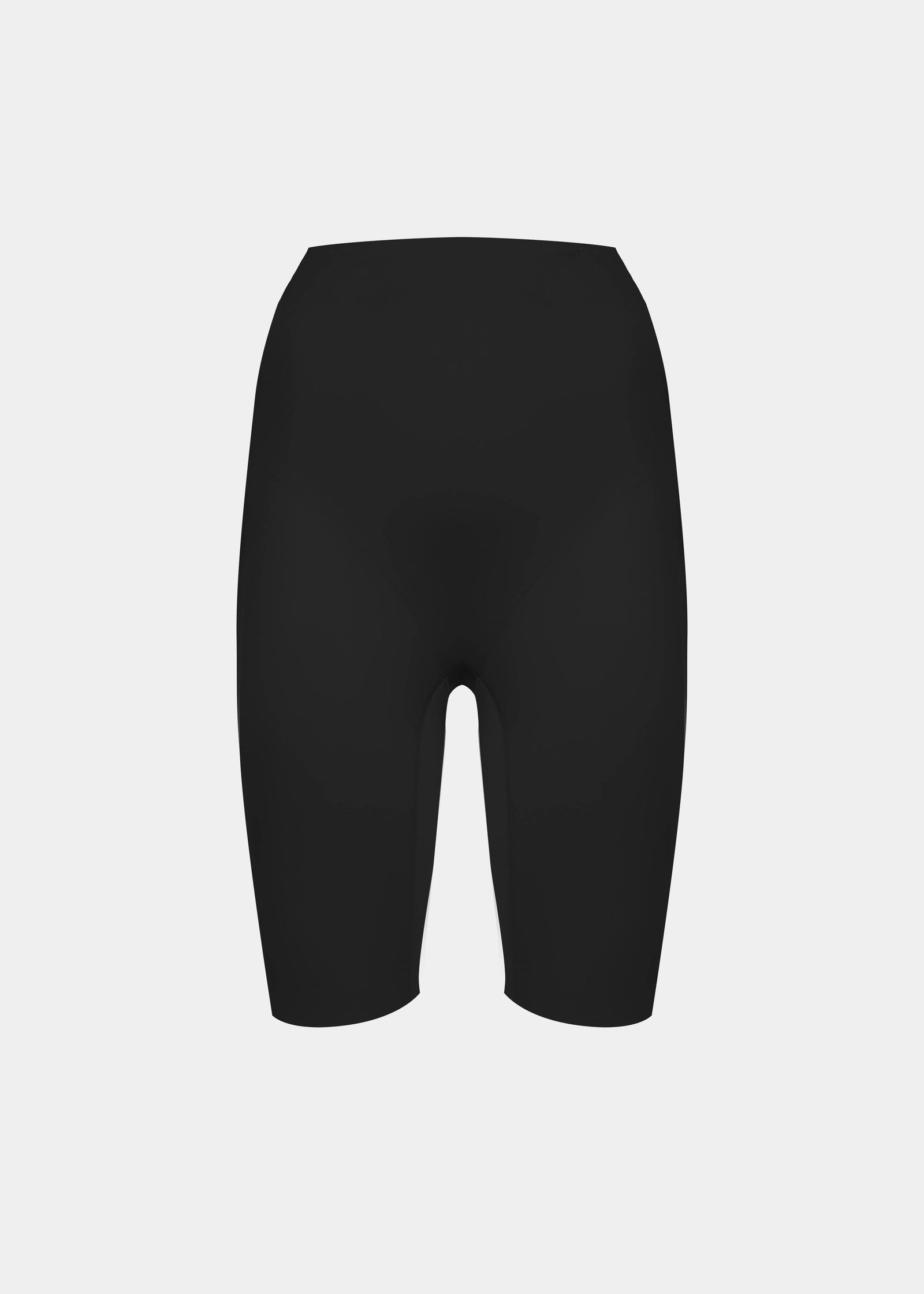A pair of black, satin-look medium-rise Gloss Biker Short with a smooth, stretchy fabric. Still front view