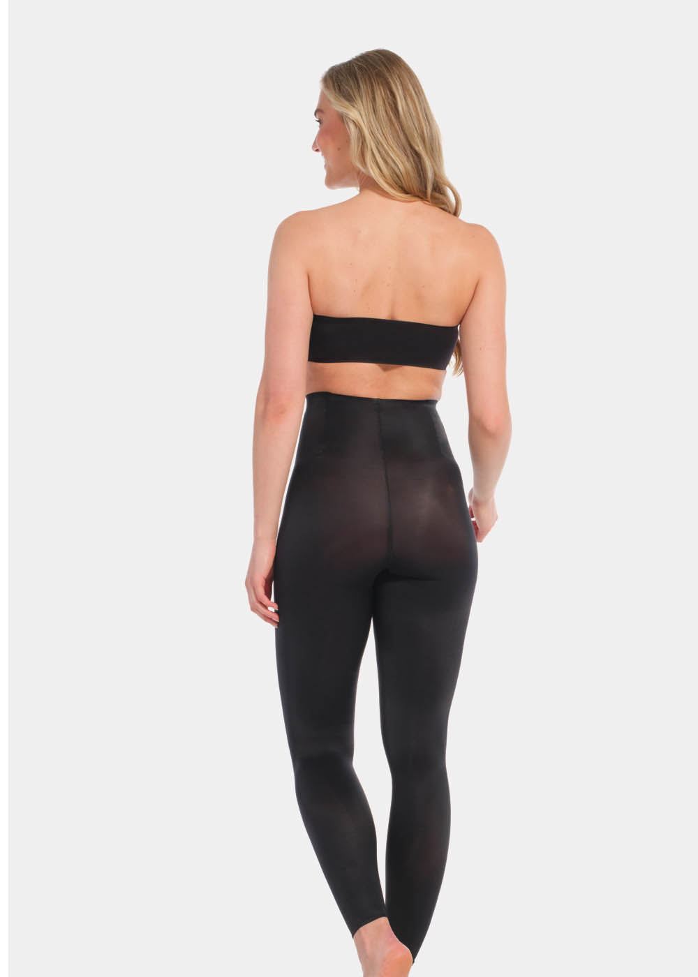 Black Gloss Legging shown from the back view. With seamless edges and medium shaping