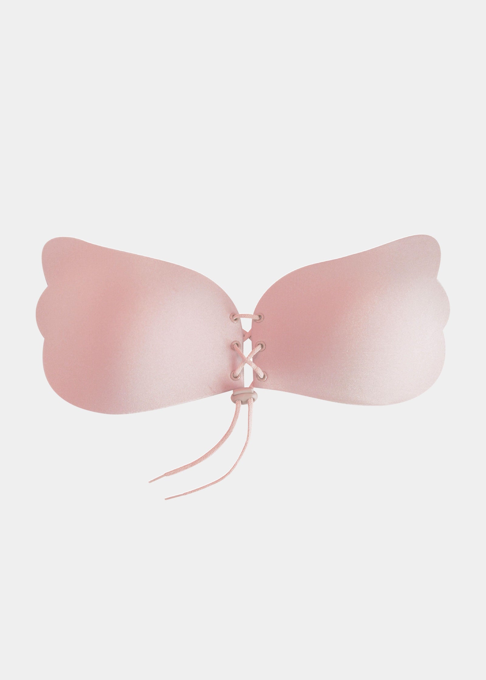 Rose, backless, strapless adhesive bra with a drawstring front closure.