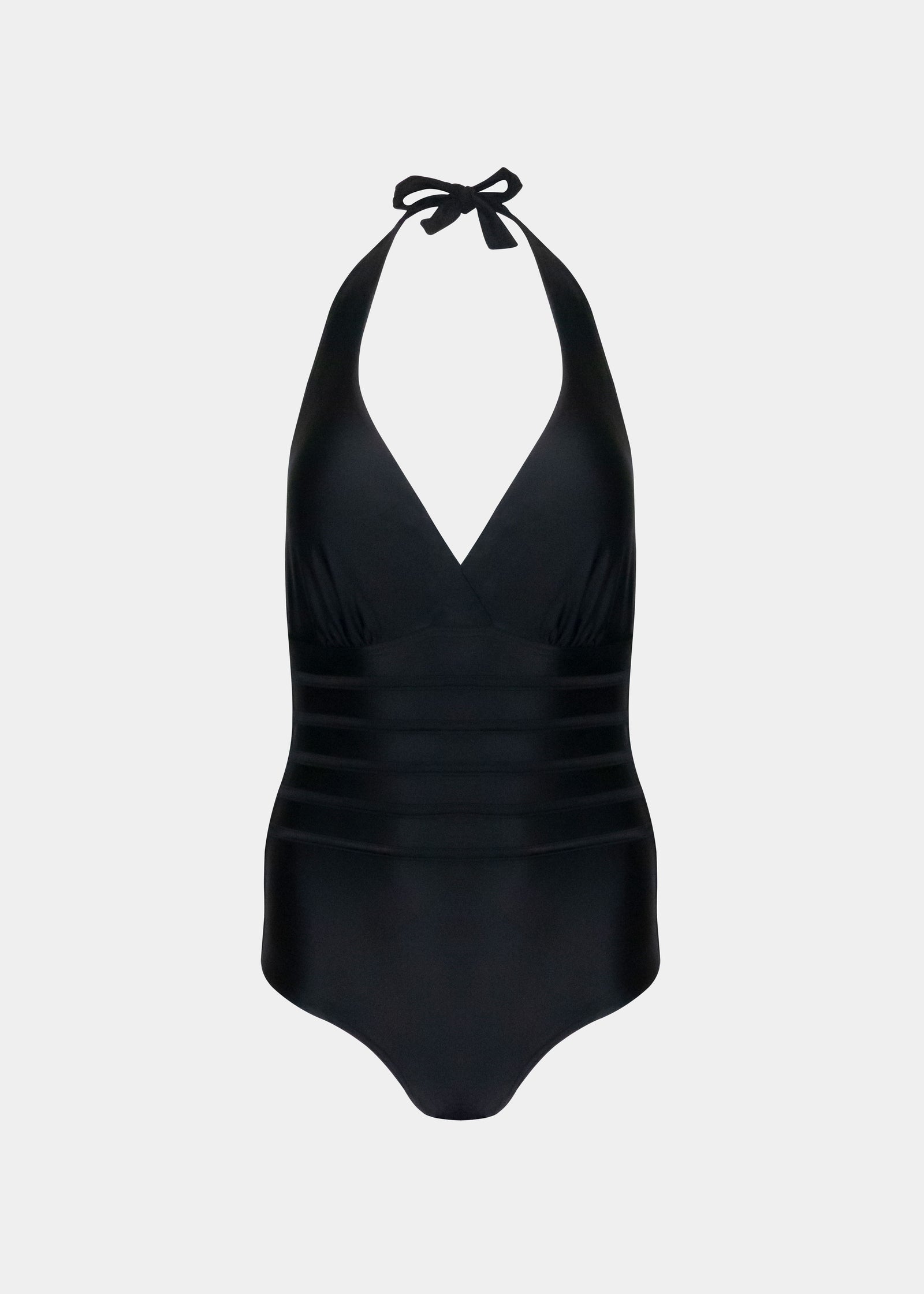 Black halter neck swimsuit on a white background