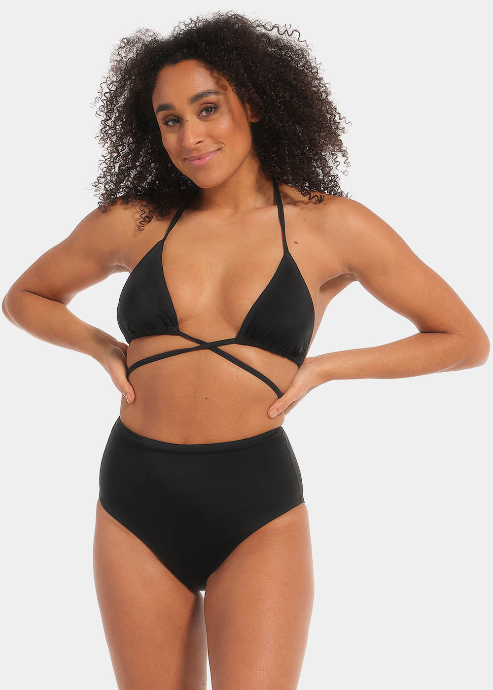 This image features a stylish and versatile triangle bikini top, presented in a classic black color. The top is designed with thin straps, providing a flattering fit and exposure.