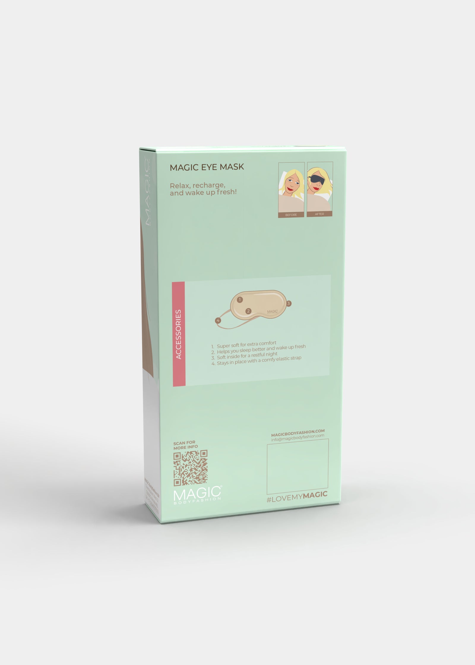 Green packaging of a magic eye mask on a white background