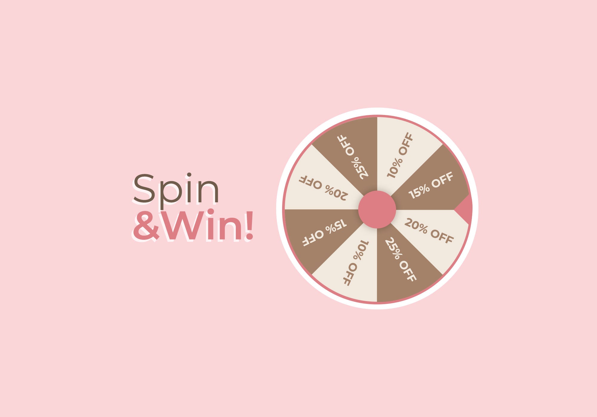 Spin and Win wheel with discount percentages on a pink background