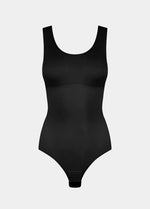 Still product image of Tone Your Body Briefer in black, sleek body-contouring briefer. Smooth powerful recycled fabric providing firm shaping for tummy, waist, and back, with seamless edges, free bust area, smooth shoulders, and hook closure visible.
