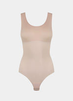 Still product image of Tone Your Body Briefer in cappuccino, sleek body-contouring briefer. Smooth powerful recycled fabric providing firm shaping for tummy, waist, and back, with seamless edges, free bust area, smooth shoulders, and hook closure visible.