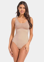 Front view of a model wearing Tone Your Body Briefer in cappuccino, sleek body-contouring briefer. Smooth powerful recycled fabric providing firm shaping for tummy, waist, and back, with seamless edges, free bust area, smooth shoulders, and hook closure visible.