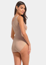 Back view of a model wearing Tone Your Body Briefer in cappuccino, sleek body-contouring briefer. Smooth powerful recycled fabric providing firm shaping for lower back and waist, seamless edges, smooth shoulders, and hook closure visible.