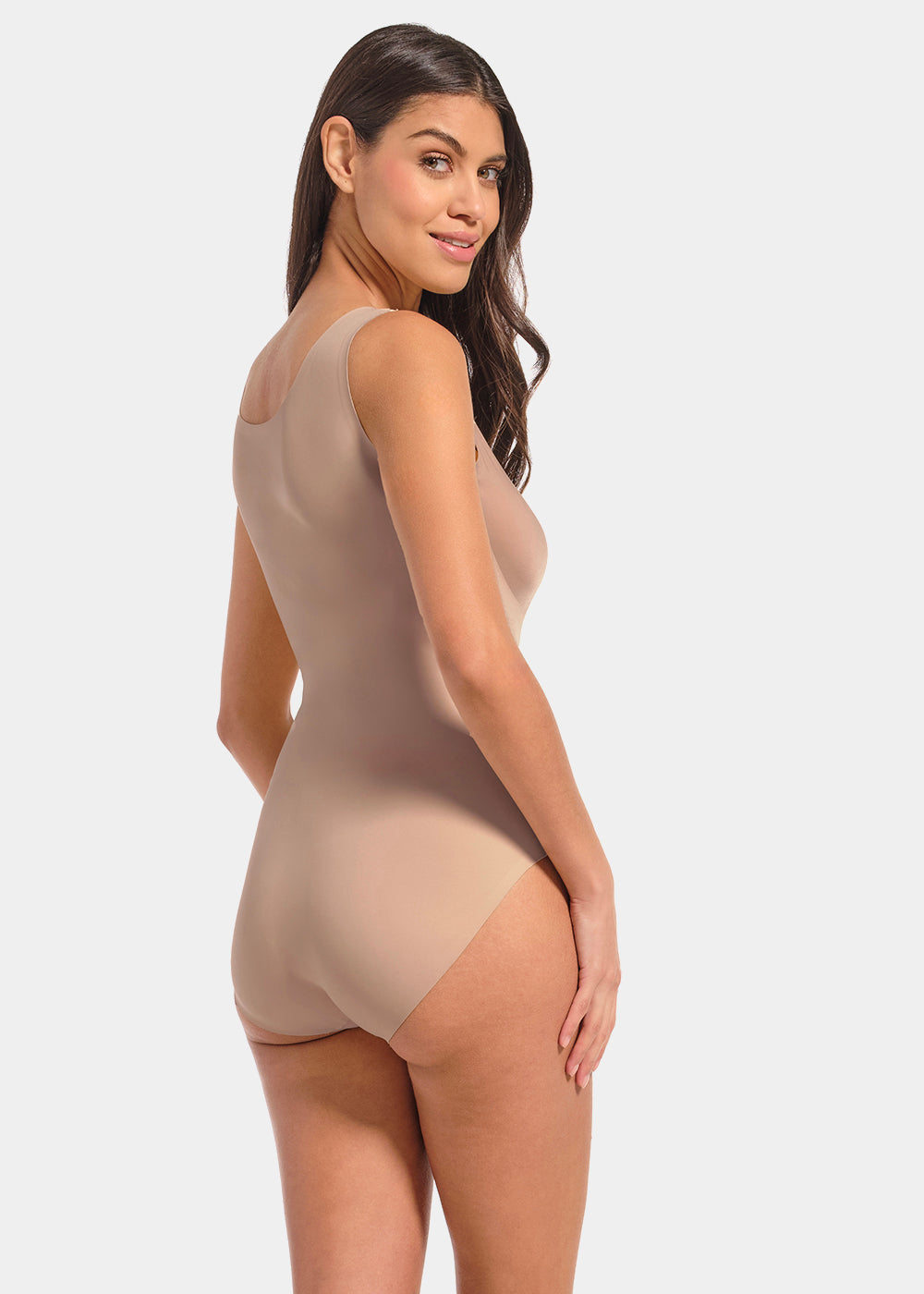 Back view of a model wearing Tone Your Body Briefer in cappuccino, sleek body-contouring briefer. Smooth powerful recycled fabric providing firm shaping for lower back and waist, seamless edges, smooth shoulders, and hook closure visible.