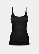 Still product image of Tone Your Body Cami in black, body-contouring sleek cami. Smooth powerful recycled fabric providing firm shaping for tummy, waist, and back, with seamless edges, no shaping at the bust, and adjustable spaghetti straps visible.