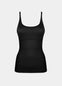 Still product image of Tone Your Body Cami in black, body-contouring sleek cami. Smooth powerful recycled fabric providing firm shaping for tummy, waist, and back, with seamless edges, no shaping at the bust, and adjustable spaghetti straps visible.