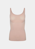 Still product image of Tone Your Body Cami in cappuccino, body-contouring sleek cami. Smooth powerful recycled fabric providing firm shaping for tummy, waist, and back, with seamless edges, no shaping at the bust, and adjustable spaghetti straps visible.