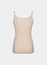 Still product image of Tone Your Body Cami in latte shown from the back. Body-contouring sleek cami with smooth powerful recycled fabric, firm shaping for lower back and waist, seamless edges, and adjustable spaghetti straps visible.