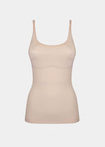 Still product image of Tone Your Body Cami in latte, body-contouring sleek cami. Smooth powerful recycled fabric providing firm shaping for tummy, waist, and back, with seamless edges, no shaping at the bust, and adjustable spaghetti straps visible.