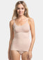 Front view of a model wearing Tone Your Body Cami in cappuccino, body-contouring sleek cami. Smooth powerful recycled fabric providing firm shaping for tummy, waist, and back, with seamless edges, no shaping at the bust, and adjustable spaghetti straps visible.