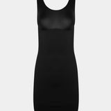 Still product image of Tone Your Body Dress in black, body-contouring tank dress. Smooth powerful recycled fabric providing firm shaping for upper body, hips, and legs, with seamless edges, smooth shoulders, and silicone-lined leg openings visible.