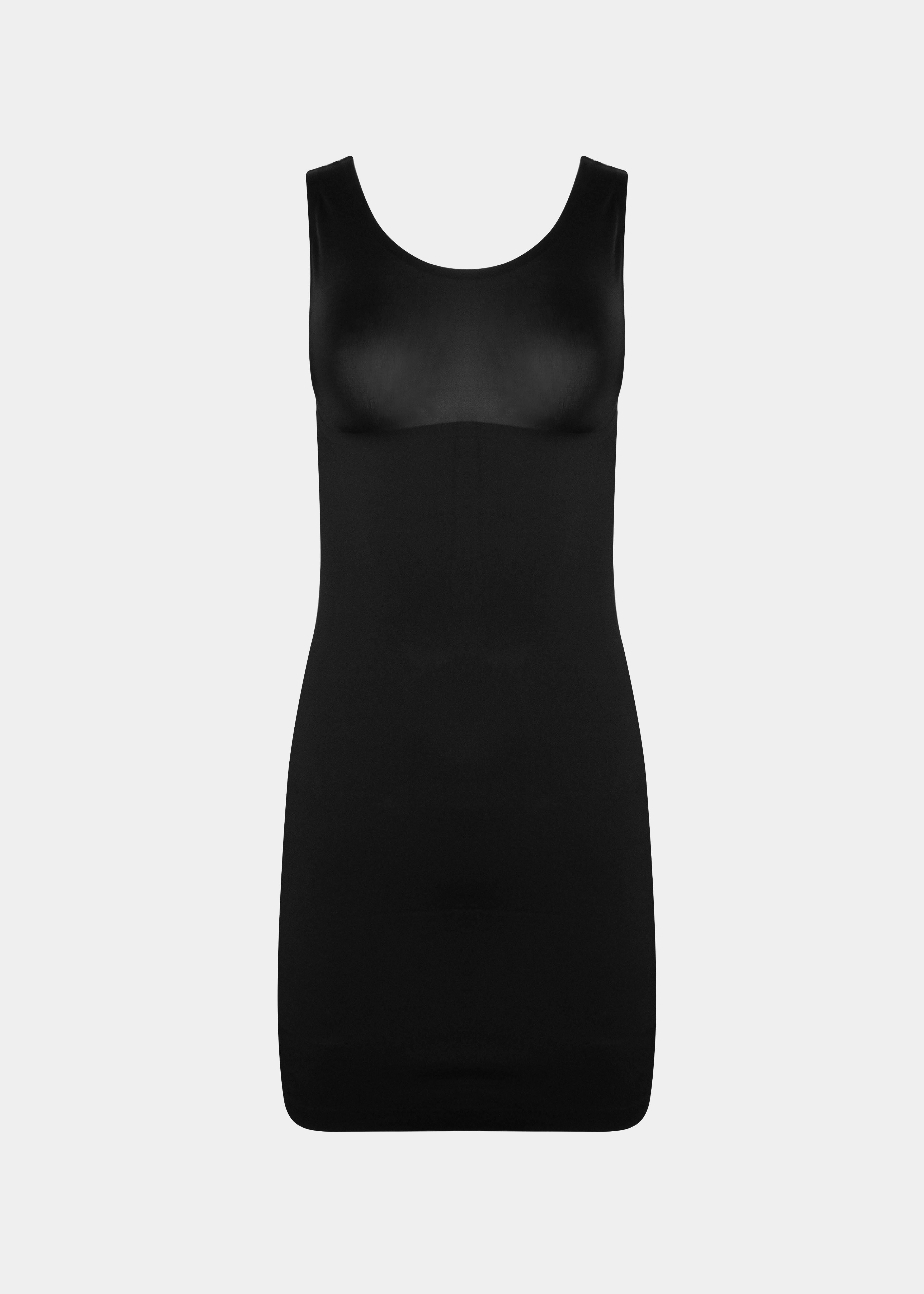 Still product image of Tone Your Body Dress in black, body-contouring tank dress. Smooth powerful recycled fabric providing firm shaping for upper body, hips, and legs, with seamless edges, smooth shoulders, and silicone-lined leg openings visible.