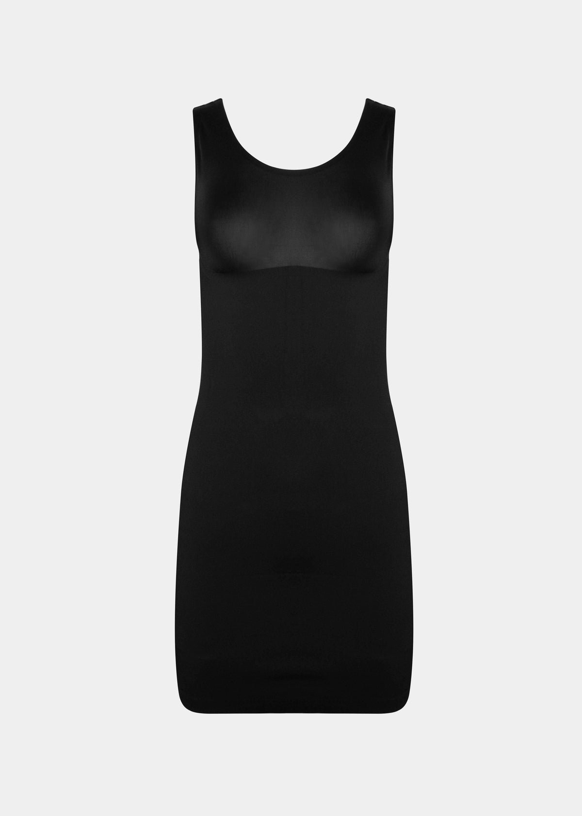 Still product image of Tone Your Body Dress in black, body-contouring tank dress. Smooth powerful recycled fabric providing firm shaping for upper body, hips, and legs, with seamless edges, smooth shoulders, and silicone-lined leg openings visible.