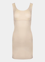 Still product image of Tone Your Body Dress in latte, body-contouring tank dress. Smooth powerful recycled fabric providing firm shaping for upper body, hips, and legs, with seamless edges, smooth shoulders, and silicone-lined leg openings visible.