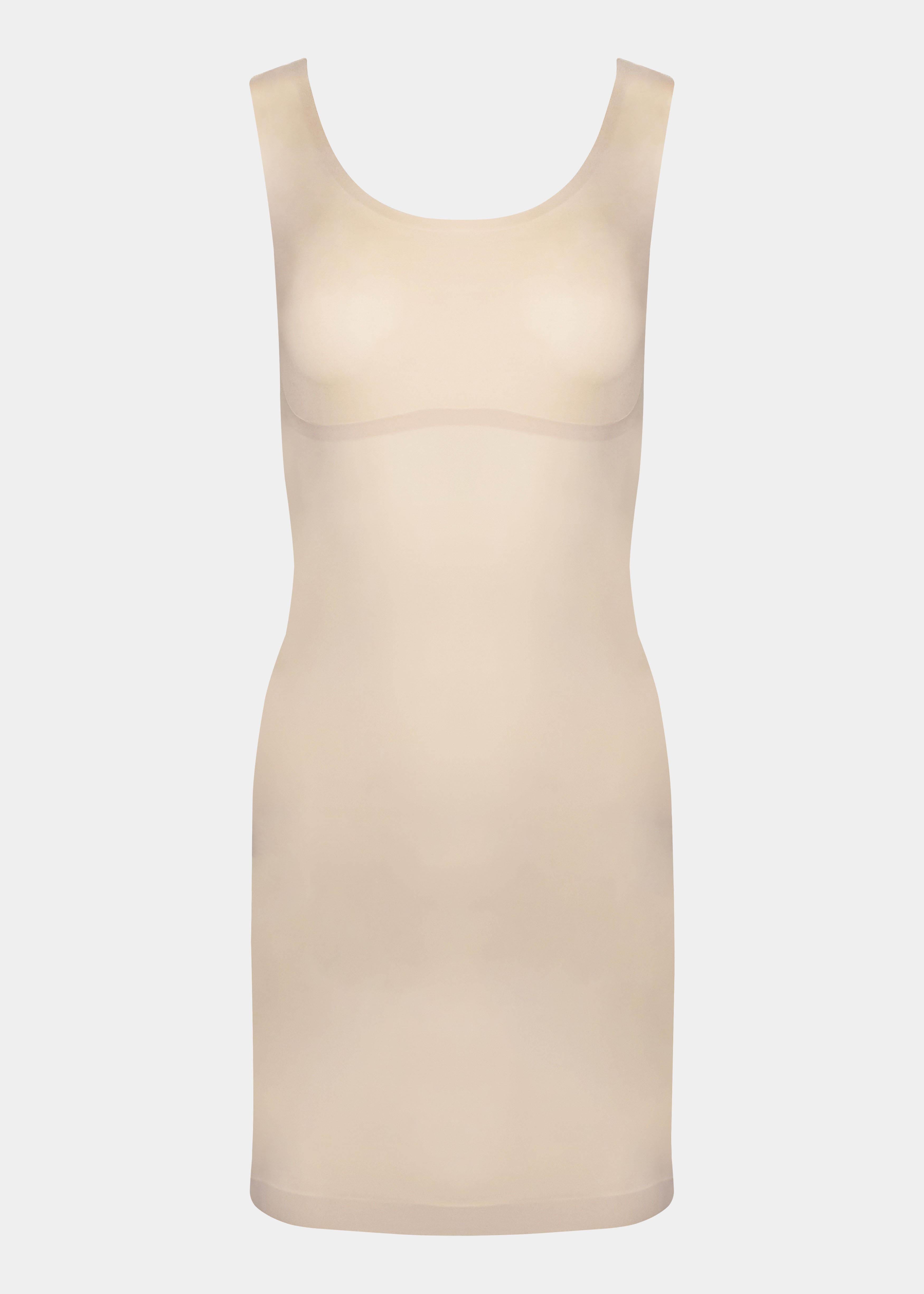 Still product image of Tone Your Body Dress in latte, body-contouring tank dress. Smooth powerful recycled fabric providing firm shaping for upper body, hips, and legs, with seamless edges, smooth shoulders, and silicone-lined leg openings visible.