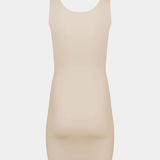 Still product image of Tone Your Body Dress in latte shown from the back. Body-contouring tank dress with smooth powerful recycled fabric, firm shaping for back, hips, and legs, seamless edges, and silicone-lined leg openings visible.