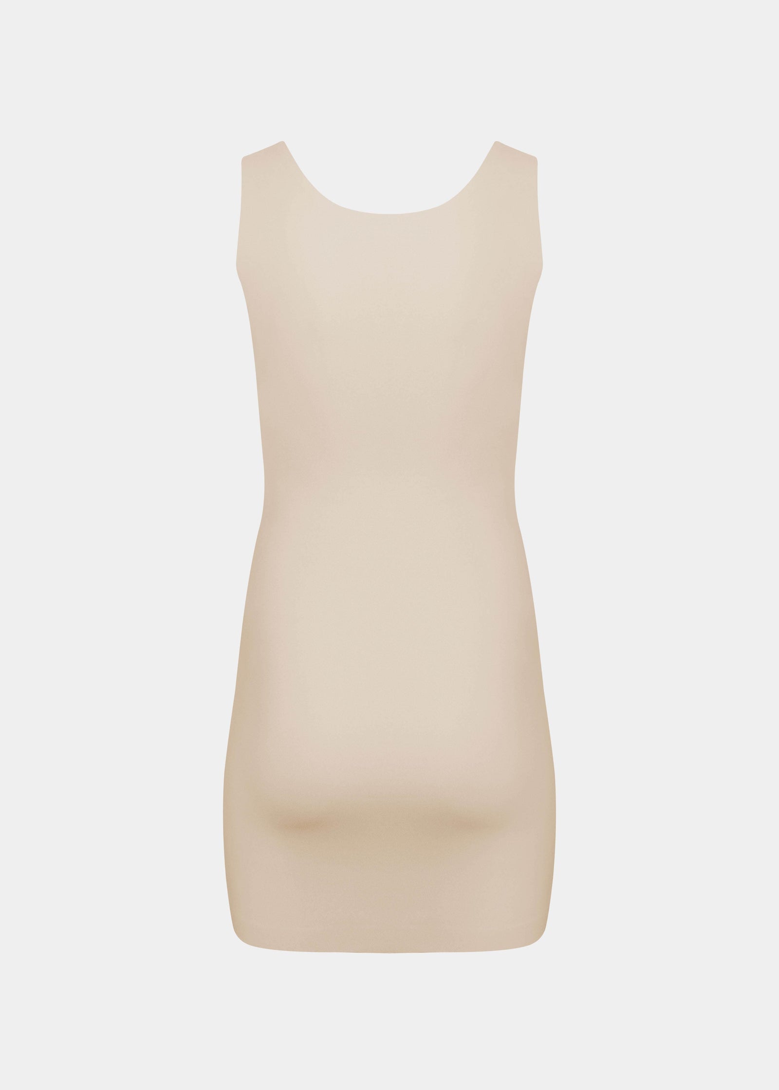 Still product image of Tone Your Body Dress in latte shown from the back. Body-contouring tank dress with smooth powerful recycled fabric, firm shaping for back, hips, and legs, seamless edges, and silicone-lined leg openings visible.
