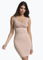 Front view of a model wearing Tone Your Body Dress in cappuccino, body-contouring tank dress. Smooth powerful recycled fabric providing firm shaping for upper body, hips, and legs, with seamless edges, smooth shoulders, and silicone-lined leg openings visible.