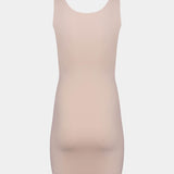 Still product image of Tone Your Body Dress in cappuccino shown from the back. Body-contouring tank dress with smooth powerful recycled fabric, firm shaping for back, hips, and legs, seamless edges, and silicone-lined leg openings visible.