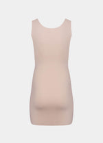Still product image of Tone Your Body Dress in cappuccino shown from the back. Body-contouring tank dress with smooth powerful recycled fabric, firm shaping for back, hips, and legs, seamless edges, and silicone-lined leg openings visible.
