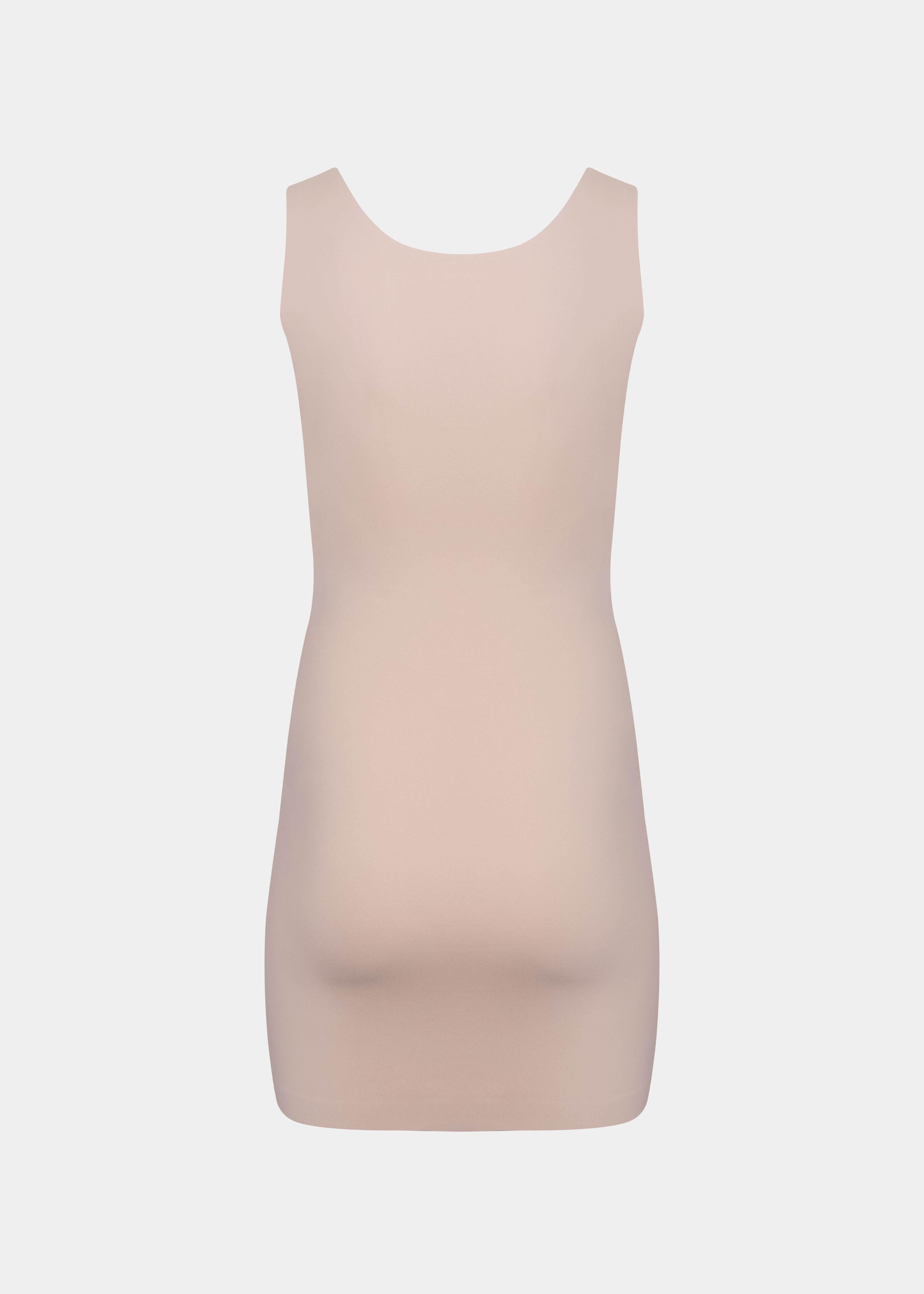 Still product image of Tone Your Body Dress in cappuccino shown from the back. Body-contouring tank dress with smooth powerful recycled fabric, firm shaping for back, hips, and legs, seamless edges, and silicone-lined leg openings visible.