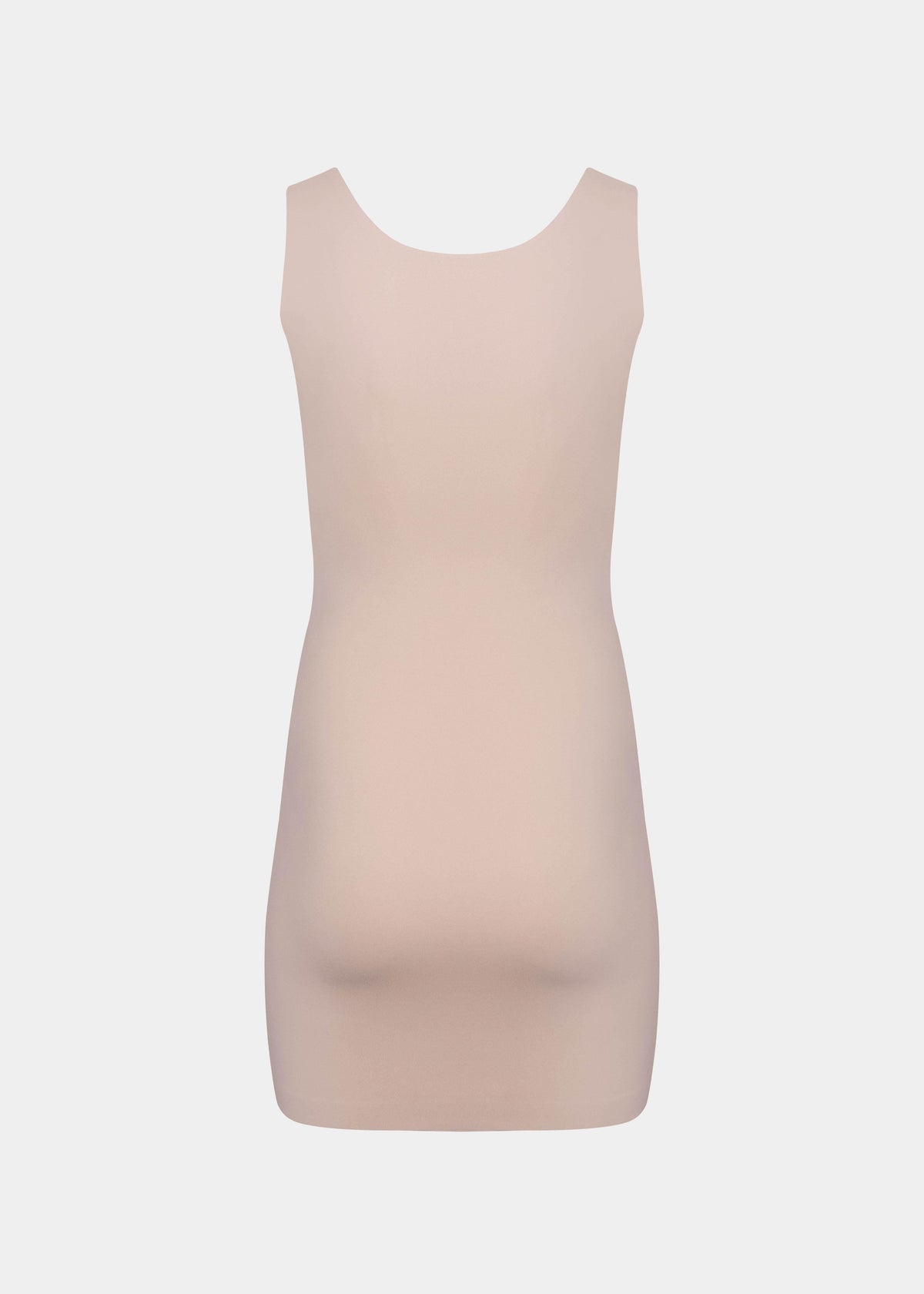 Still product image of Tone Your Body Dress in cappuccino shown from the back. Body-contouring tank dress with smooth powerful recycled fabric, firm shaping for back, hips, and legs, seamless edges, and silicone-lined leg openings visible.