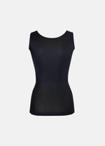 Black shaping tanktop shown in a back-facing flat position, featuring firm back and waist shaping, seamless invisible finish, smooth flat edges, and strong recycled fabric for a sculpting fit.
