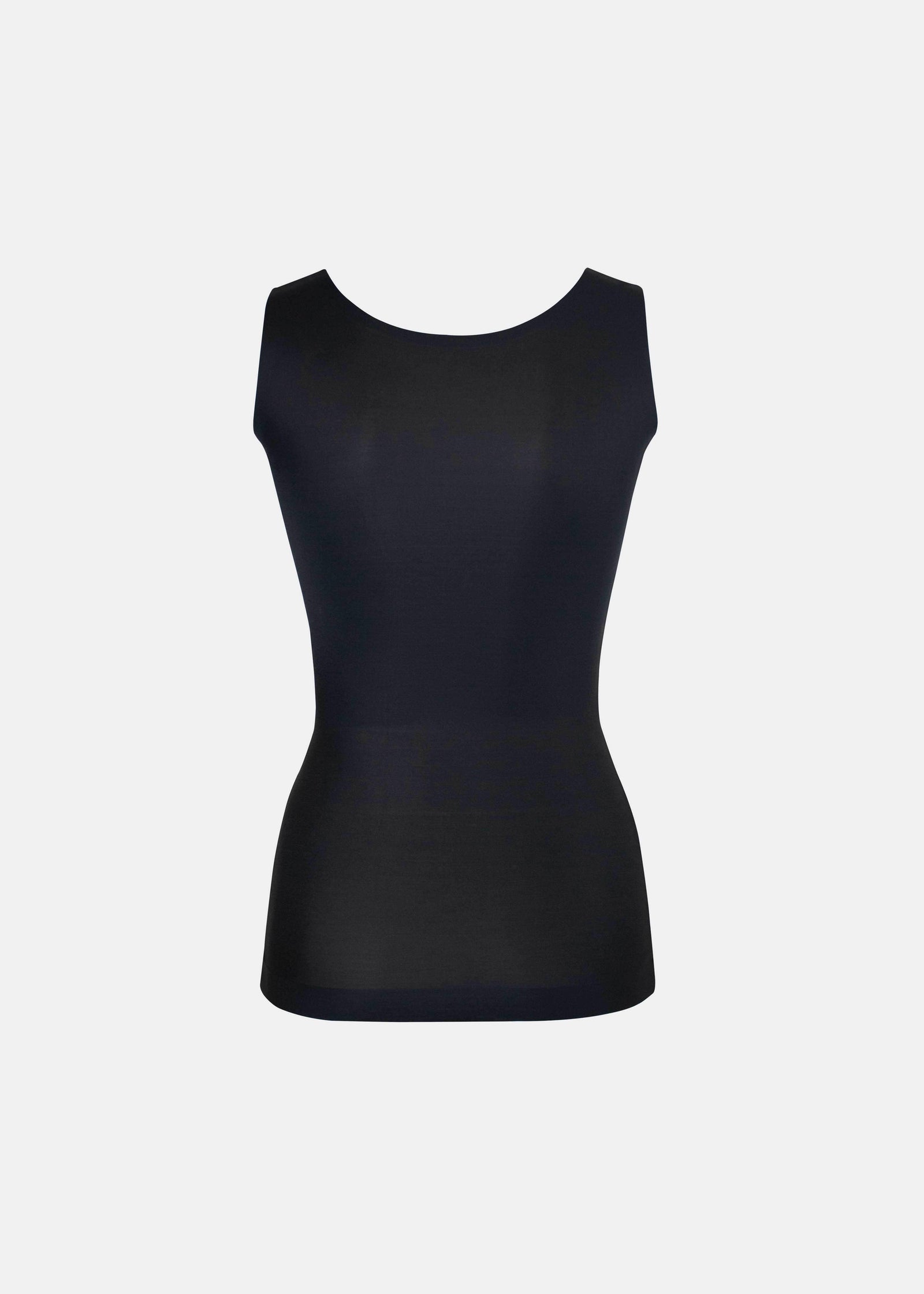 Black shaping tanktop shown in a back-facing flat position, featuring firm back and waist shaping, seamless invisible finish, smooth flat edges, and strong recycled fabric for a sculpting fit.
