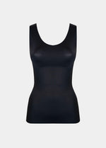 Black shaping tanktop shown in a front-facing flat position, featuring firm tummy, waist, and back shaping, seamless invisible finish, smooth flat edges, and strong recycled fabric with non-compression bust area.
