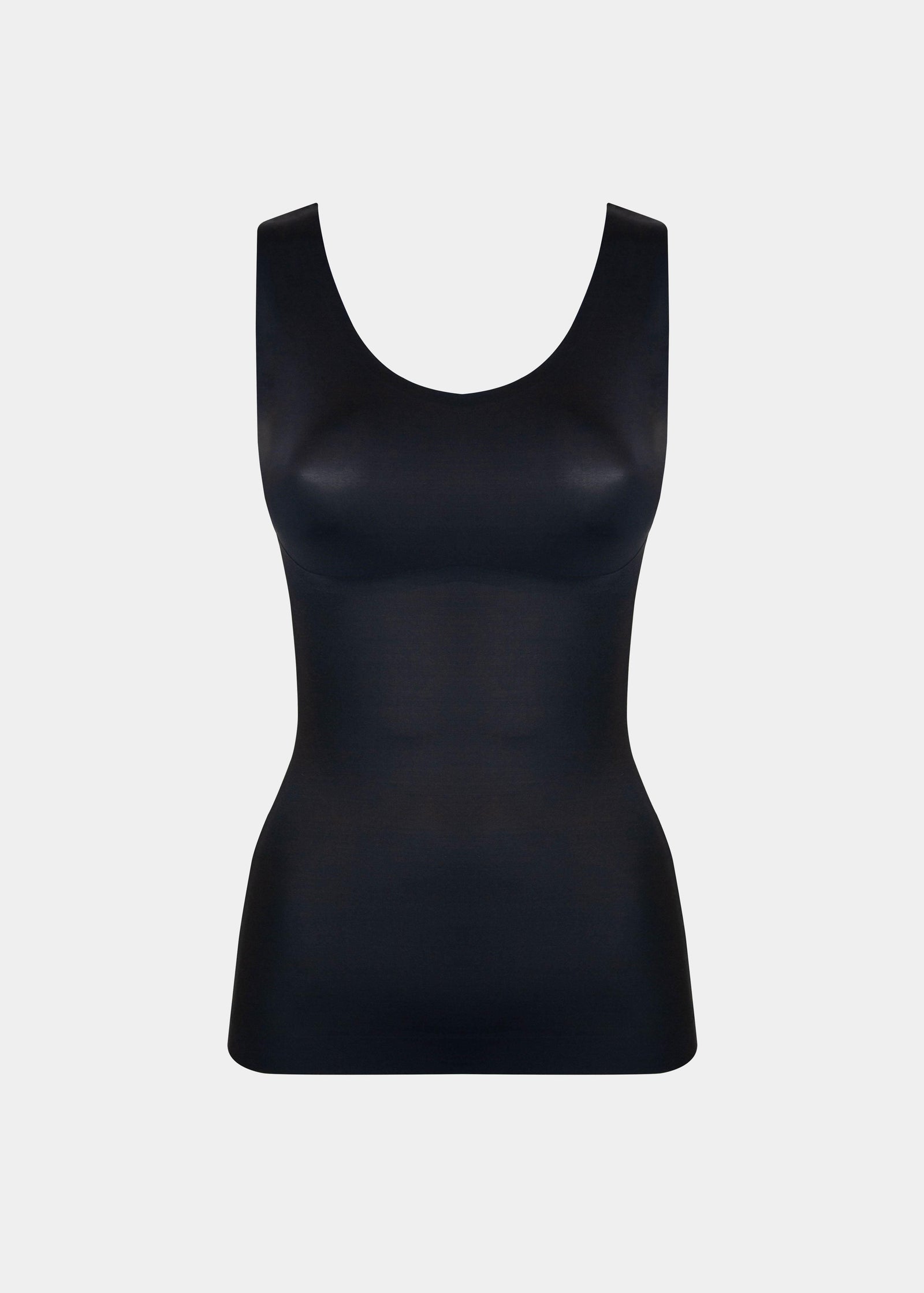 Black shaping tanktop shown in a front-facing flat position, featuring firm tummy, waist, and back shaping, seamless invisible finish, smooth flat edges, and strong recycled fabric with non-compression bust area.
