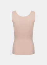 Cappuccino shaping tanktop shown in a back-facing flat position, featuring firm back and waist shaping, seamless invisible finish, smooth flat edges, and strong recycled fabric for a sculpting fit.
