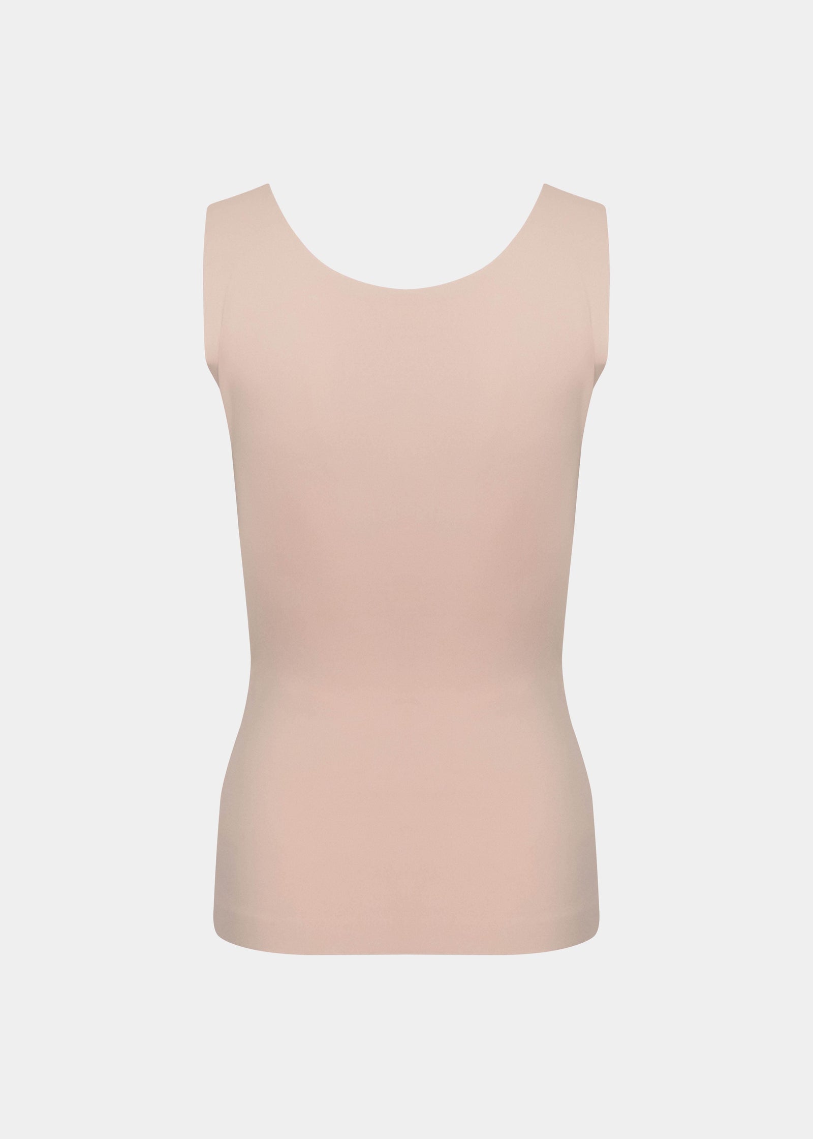 Cappuccino shaping tanktop shown in a back-facing flat position, featuring firm back and waist shaping, seamless invisible finish, smooth flat edges, and strong recycled fabric for a sculpting fit.
