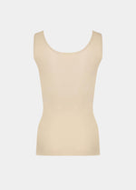 Latte shaping tanktop shown in a back-facing flat position, featuring firm back and waist shaping, seamless invisible finish, smooth flat edges, and strong recycled fabric for a sculpting fit.
