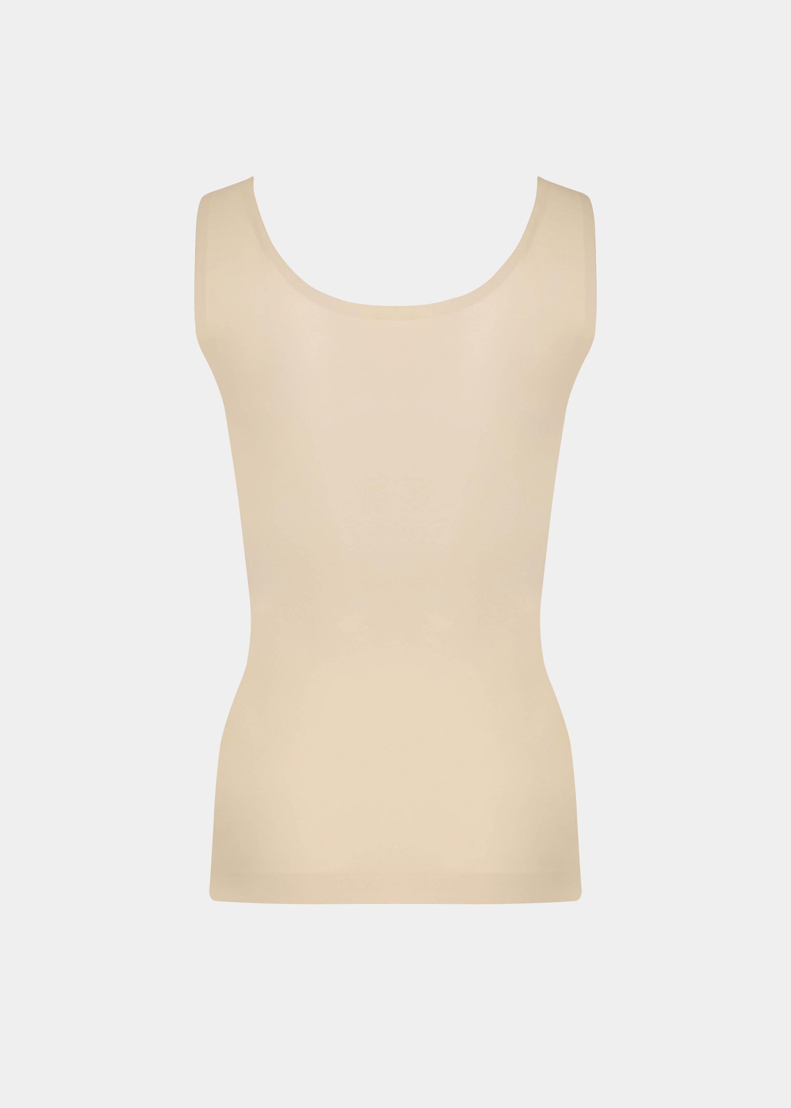Latte shaping tanktop shown in a back-facing flat position, featuring firm back and waist shaping, seamless invisible finish, smooth flat edges, and strong recycled fabric for a sculpting fit.

