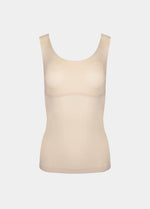 Latte shaping tanktop shown in a front-facing flat position, featuring firm tummy, waist, and back shaping, seamless invisible finish, smooth flat edges, and strong recycled fabric with non-compression bust area.
