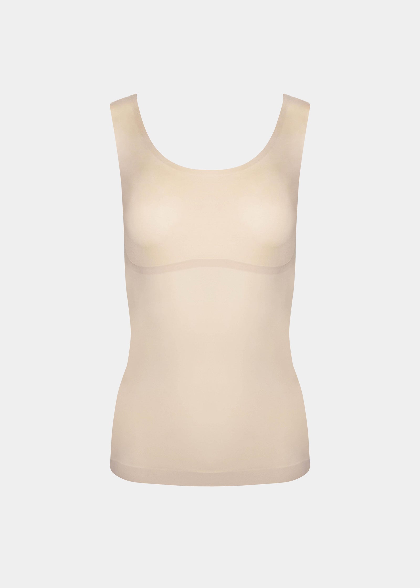 Latte shaping tanktop shown in a front-facing flat position, featuring firm tummy, waist, and back shaping, seamless invisible finish, smooth flat edges, and strong recycled fabric with non-compression bust area.

